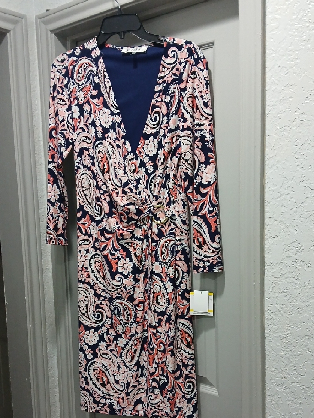 Kasper Navy Blue Pink Paisley Long Sleeve Wrap Dress